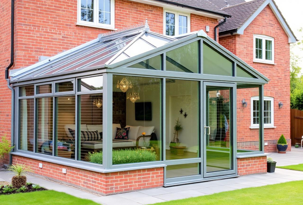 Aluminium glass conservatory on brick home